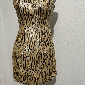 La Femme Strapless Leopard Sequin Print Cocktail Dress